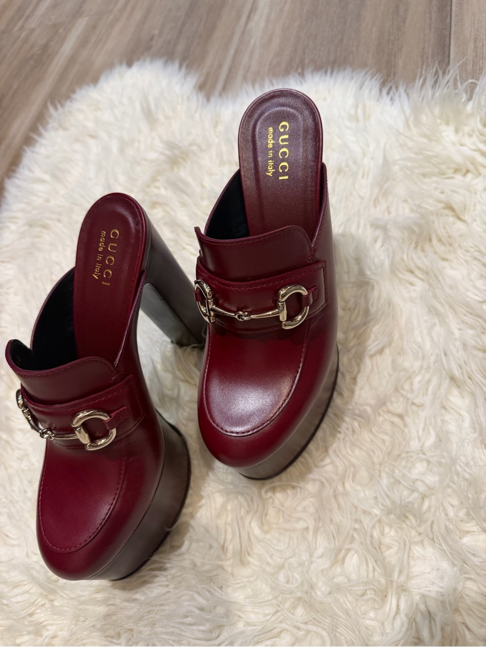Gucci Wine Red Leather Platform Mules with Gold Horsebit